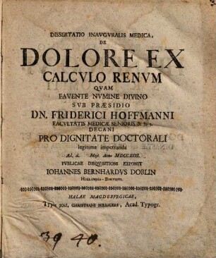 Dissertatio Inavgvralis Medica, De Dolore Ex Calcvlo Renvm