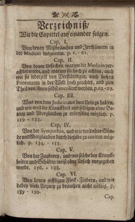 Verzeichniß, Wie die Capittel auf einander folgen.
