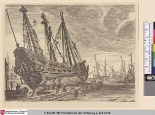 [Die Werft; Shipyard with ship being debarnacled]