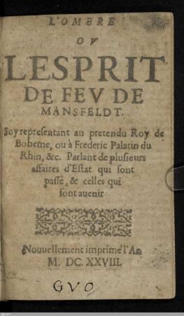 Titelblatt "L'ombre ou l'esprit de feu de Mansfeldt"