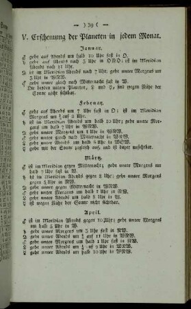 V. Erscheinung der Planeten in jedem Monat.
