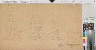 Arnsberg, Amtsgericht, Altbau, Schnitte a-b, c-d, e-f und Lageplan