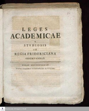 Leges Academicae A Stvdiosis In Regia Fridericiana Observandae