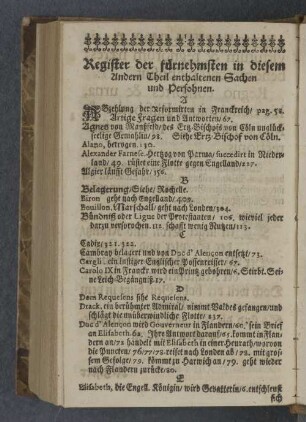 Register der fürnehmsten in diesem Anderen Theil enthaltenen Sachen und Persohnen.