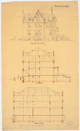 Herrenhaus, Rummelsburg-Turzig: Ansicht von Osten, Querschnitt, Längsschnitt