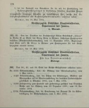 65. Ministerialbekanntmachung, betreffend Wechsel in der Hauptagentur der Versicherungs-Aktien-Gesellschaft "Allianz" in Berlin