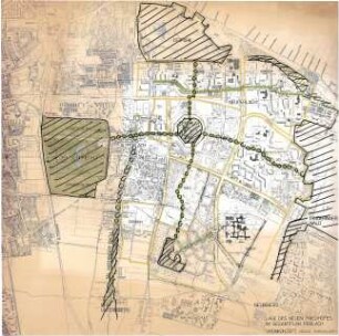Hansjakob, Gottfried; München - Neuperlach; Neuperlach, Gesamtanlage - Gesamtplan Perlach, Lage Neuer Südfriedhof, Zentrum, Ostpark, Neuperlach, Truderinger Wald, 'Grünkonzept große Parkanlagen'