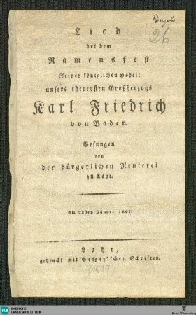 Lied bei dem Namensfest Seiner königlichen Hoheit unsers theuersten Großherzogs Karl Friedrich von Baden