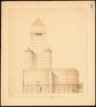 Hochhaus am Bahnhof Friedrichstraße, Berlin: Aufriss: Ansicht von der Friedrichstraße 1:200