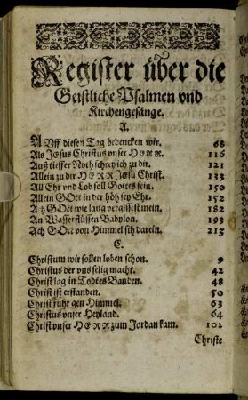 Register über die Geistliche Psalmen und Kirchengesänge.