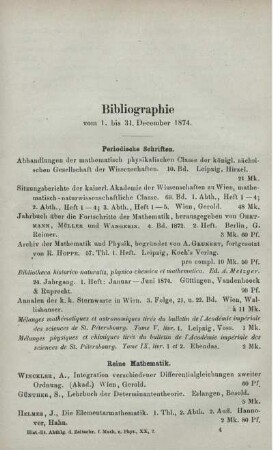 Bibliographie vom 1. bis 31. December 1874.