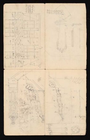 Skizzenbuch: Rathäuser Bocholt, Wernigerode, Goslar, Alsfeld: Rathaus Alsfeld (?). Fassadendetails, Erläuterungen