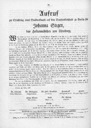 Aufruf zur Errichtung eine Grabdenkmals auf dem Sophienkirchhofe zu Berlin für Johanna Stegen, das Heldenmädchen von Lüneburg
