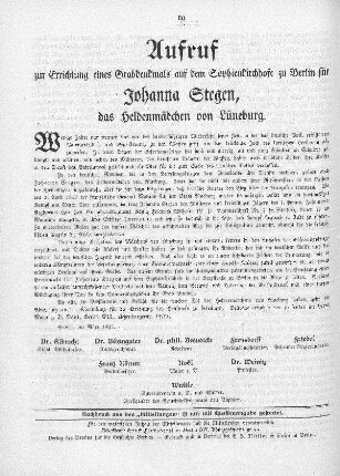Aufruf zur Errichtung eine Grabdenkmals auf dem Sophienkirchhofe zu Berlin für Johanna Stegen, das Heldenmädchen von Lüneburg