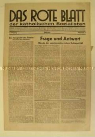 Religiös-sozialistische Monatszeitung "Das rote Blatt der katholischen Sozialisten"