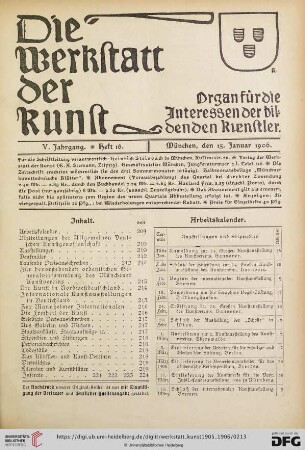 Inhalt / Arbeitskalender / Mitteilungen der Allgemeinen Deutschen Kunstgenossenschaft / Geplante Ausstellungen / Eröffnete Ausstellungen / Denkmäler / Laufende Preisausschreiben