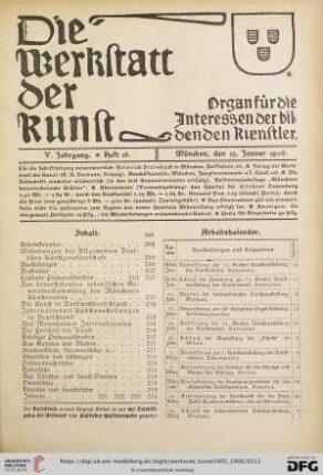 Inhalt / Arbeitskalender / Mitteilungen der Allgemeinen Deutschen Kunstgenossenschaft / Geplante Ausstellungen / Eröffnete Ausstellungen / Denkmäler / Laufende Preisausschreiben