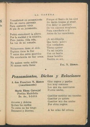 Pensamientos, Dichos y Relaciones : A don Francisco N. Bianco (Amablemente)