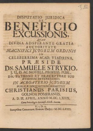 Disputatio Iuridica De Beneficio Excussionis