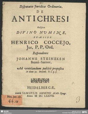 Disputatio Juridica Ordinaria, De Antichresi