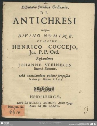 Disputatio Juridica Ordinaria, De Antichresi