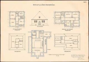 Krematorium: Ansicht und Grundrisse vom Wohnhaus des Heizers und vom Wohnhaus des Verwalters (EG, DG) 1:100, Grundriss KG Krematorium