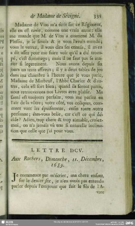 Lettre DCV. Aux Rochers, Dimanche, 11. Décembre, 1689