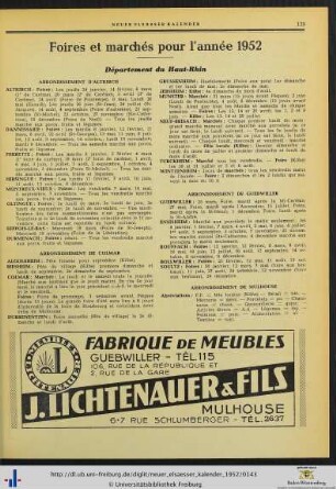 Foires et marchés pour l’année 1952.