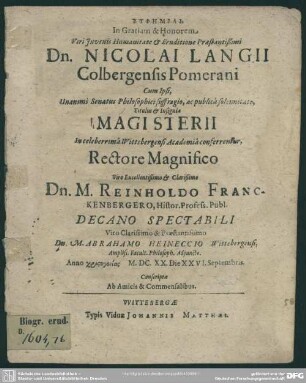Euphēmiai in gratiam & honorem ... Nicolai Langii Colbergensis