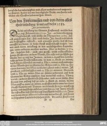 Von den Finsternussen vnd von deren alles theils würckung/ so viel auff dieses 1581. Jar zu vermuten.