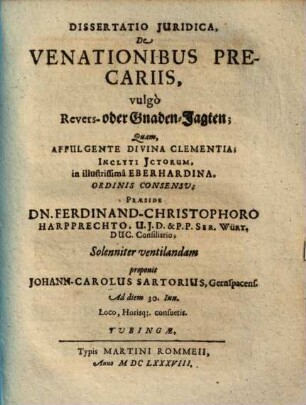 Dissertatio iuridica, de venationibus precariis, vulgo Revers- oder Gnaden-Jagten