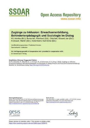 Zugänge zu Inklusion: Erwachsenenbildung, Behindertenpädagogik und Soziologie im Dialog