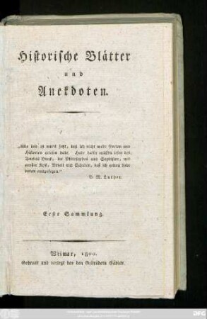 Erste Sammlung: Historische Blätter und Anekdoten