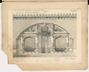 Barbierstube (und Zigarrenladen) mit Kleinwohnung in einem S-Bahnbogen, Berlin Monatskonkurrenz Dezember 1887: Aufriss Vorderansicht; Maßstabsleiste