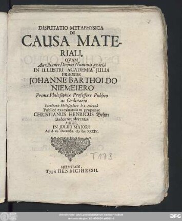 Disputatio Metaphysica De Causa Materiali