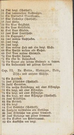 Cap. III. An Betten, Matrazen, Bett- Tisch- und anderer Wäsche.