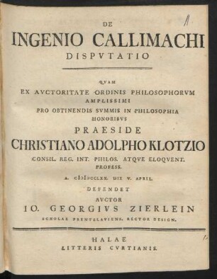 De Ingenio Callimachi Dispvtatio