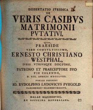Dissertatio Ivridica De veris Casibvs Matrimonii Pvtativi
