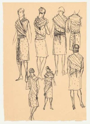 Weibliche Figurinen : Sieben Vorder- und Rückansichten einer Figurine in knielangem Kleid mit Bindevarianten eines Schultertuches