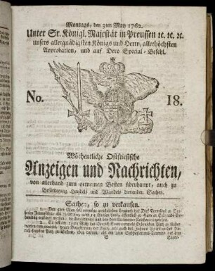 No. 18. Montags, den 3ten May 1762.