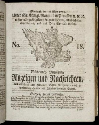 No. 18. Montags, den 3ten May 1762.