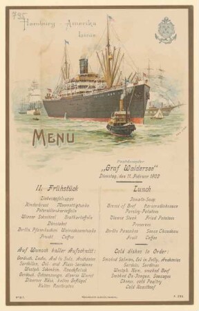 Menükarte : II. Frühstück, Postdampfer "Graf Waldersee"