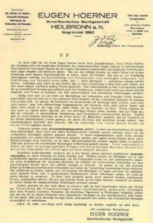 Werbeschreiben von EUGEN HOERNER, Amerikanisches Bankgeschäft
