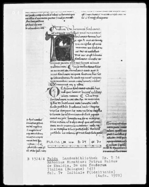 Antonius Minutius, Petrus Baldus de Ubaldis, De usu feudorum — Initiale F (idelitatis), Folio 7 verso