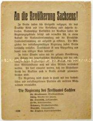 Aufruf der sächsischen Regierung zur Niederschlagung des Lüttwitz-Kapp-Putsches
