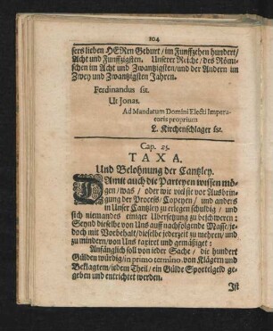 Cap. 25. Taxa. Und Belohnung der Cantzley.