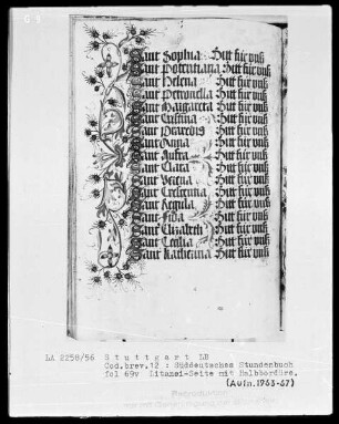 Deutsches Gebetbuch (Waldburg-Gebetbuch) — Litaneiseite mit Initiälchen S, Folio 69verso