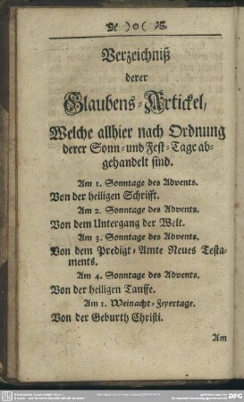 Verzeichniß derer Glaubens-Artickel, Welche allhier nach Ordnung derer Sonn- und Fest-Tage abgehandelt sind