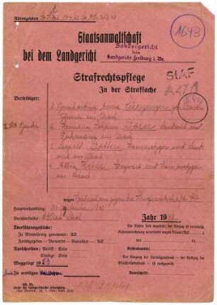 Angeklagte: Scherzinger, Bernhardine Anna (Bäuerin); Urach *04.05.1893 in Urach; + ? Dorer, Hermann Johann (Landwirt; Linach *15.06.1902 in Urach; + ? Dotter, Leopold (Hausmetzger); Linach *04.10.1875 in Urach; + ? Heine, Albin (Wegwart); Linach *15.06.1902 in Urach; + ? Delikt: Verbrechen gegen die Kriegswirtschaftsverordnung Schwarzschlachtung Tatort: Urach Tatzeit: Winter 1941-Juli 1943
