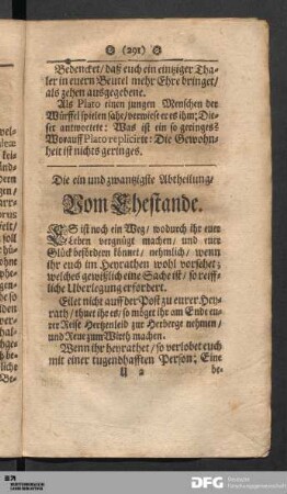 Die ein und zwantzigste Abtheilung/ Vom Ehestande.